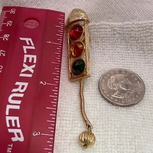 Gold-Tone Traffic Light Brooch with Red, Amber and Green Stones